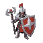 a knight with a huge shield and a mace and not wearing a helmet
