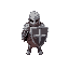 a knight with a large shield an small sword