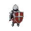 a knight with a huge shield an small sword