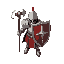 a knight with a huge shield and a mace and not wearing a helmet