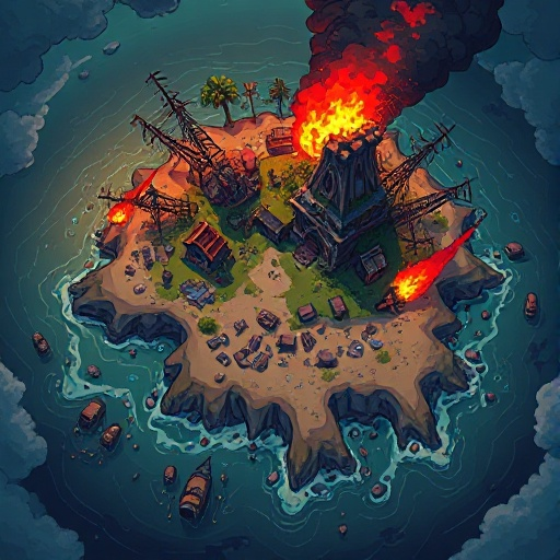 devastated apocalyptic scenario on an island in a 45 degree top down view 