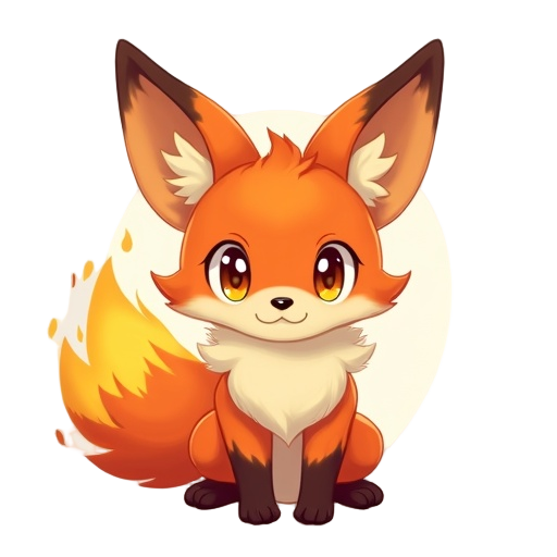 a magical fox spirit named kitsu, studio ghibli painterly style, soft brush strokes, vibrant orange-red fur with cream chest and underbelly, large golden-amber eyes, big pointed ears with flaming yellow and orange tips, fluffy tail with a fiery glowing en