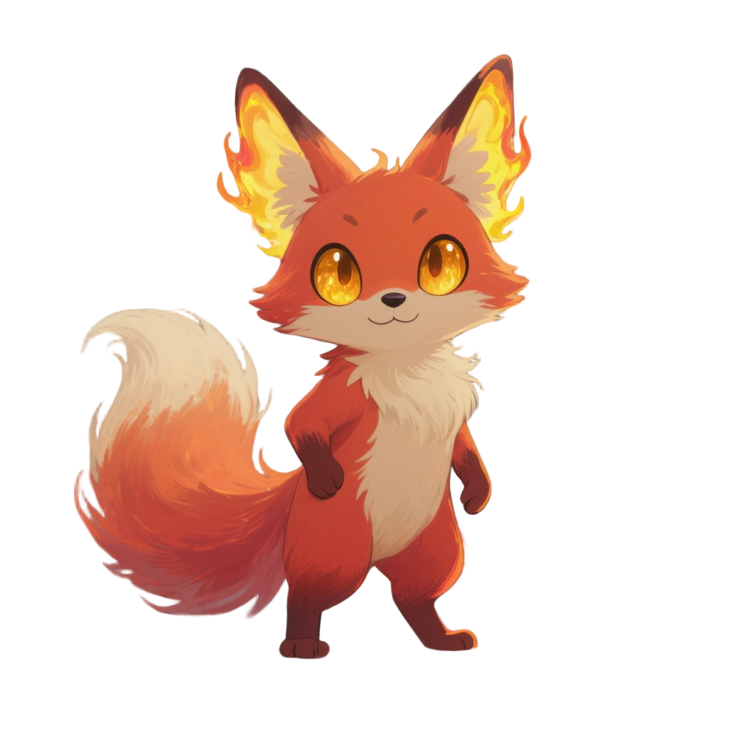 a magical fox spirit named kitsu, studio ghibli painterly style, soft brush strokes, vibrant orange-red fur with cream chest and underbelly, large golden-amber eyes, big pointed ears with flaming yellow and orange tips, fluffy tail with a fiery glowing en