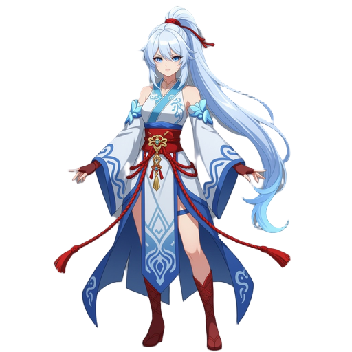 shenhe, genshin impact, elegant exorcist outfit, silver hair with icy blue tips, long ponytail, serious expression, red rope adornments, pale skin, icy aura, traditional chinese fantasy clothing, stan