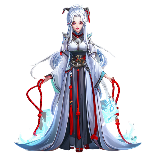 shenhe, genshin impact, elegant exorcist outfit, silver hair with icy blue tips, long ponytail, serious expression, red rope adornments, pale skin, icy aura, traditional chinese fantasy clothing, stan