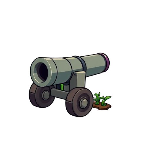 make a cannon in the style of the plant vs. zombie game. the gun should be facing forward. the image should be presented from the side.