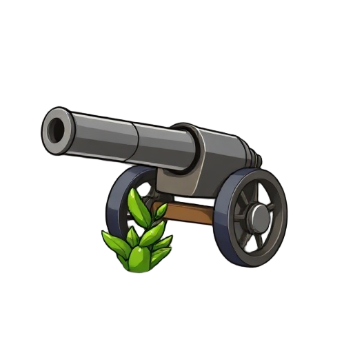make a cannon, style of the plant vs zombie game. the gun should be facing forward, with the barrel pointing from left to right. the image should be presented from the side. it should look like we
