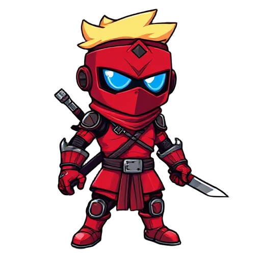 red cyborg ninja with blonde hair as a sprite for a 2d platformer.