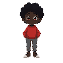i want a black character with curly hair, a red sweatshirt and gray pants with brown shoes and brown eyes