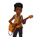 full-body afro-brazilian teenager guitarist named aruã, 16 years old, athletic slim build, short curly flat-top hair, brown skin with golden undertones. wearing sleeveless tunic or light jacket with afro-indigenous patterns, dark pants, belt with talisman