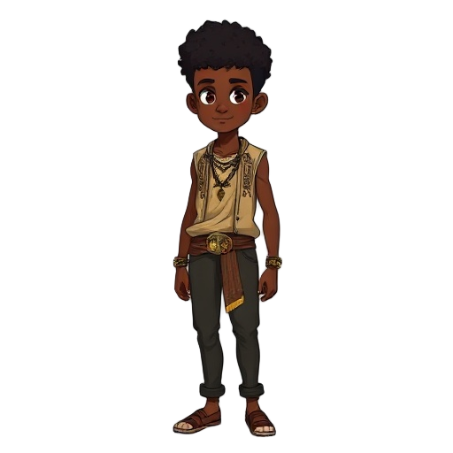 full-body afro-brazilian teenager named aruã, 16 years old, athletic slim build, short curly flat-top hair, brown skin with golden undertones. wearing sleeveless tunic or light jacket with afro-indigenous patterns, dark pants, belt with talismans. spiritu