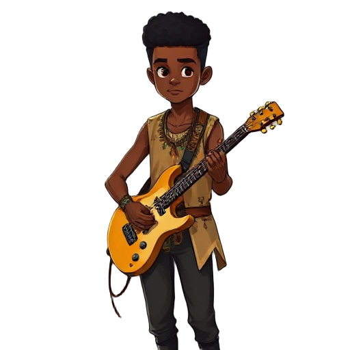 afro-brazilian young guitarist named aruã, 17 years old. slim and athletic build, short curly flat-top hair, brown skin with golden undertones. wears sleeveless tunic or light jacket with afro-indigenous patterns, dark pants, leather belt with talismans. 