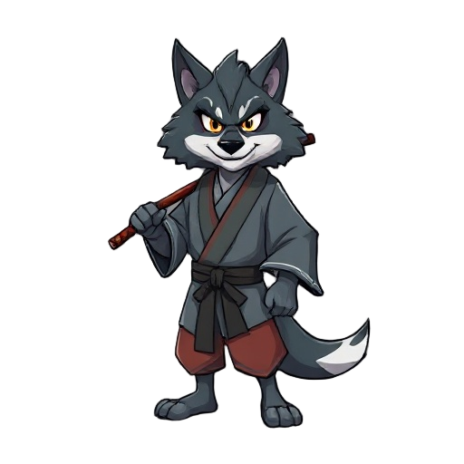 lobo com um kimono rasgado e uma katana em suas mãos