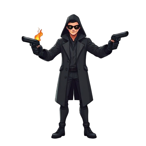 i wanted a human character with an overcoat like the character neo from matrix with the movements of burning, running, jumping, landing and shooting, in the shooting movement he takes out two pistols