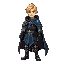 a blonde male mage with a black and blue cloak and armor plate on the knees and shoulder and with a wooden staff that have a blue stone on the top