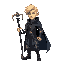 a blonde male mage with a black and blue cloak and armor plate on the knees and shoulder and with a wooden staff that have a blue stone on the top