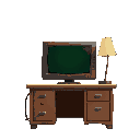 create the front view of an old wooden desk, with a crt monitor on top showing green text on black, also include a lamp than casts warm light onto the desk. 