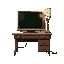 create the front view of an old wooden desk, with a crt monitor on top showing green text on black, also include a lamp than casts warm light onto the desk. 