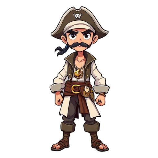 générer un personnage de jeu 2d unique dans un style d'art animé. le personnage doit avoir l'air original et adapté à un jeu d'aventure à défilement latéral. un pirate métissé avec un bandeau sur la tête, des couleurs blanc cassé pour les vétements, un mé