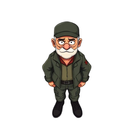 um personagem velho , estilo mike ehrmantraut de breakinbad um ex militar do exercito aposentado que mora no alaska, roupas de caça a animais 
