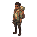 african male adventurer with a backpack, with short locs, boots, gloves