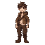 a pixel art character of a young male archaeologist adventurer. he has messy brown hair and wears a brown explorer's jacket over a white shirt, with dark cargo pants and sturdy brown boots. he carries