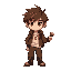 young adventurer pixel art: messy brown hair, dark eyes, confident. brown jacket over white shirt, gray cargo pants, worn boots, gold pendant, backpack, flashlight in right hand