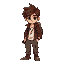 young adventurer pixel art: messy brown hair, dark eyes, confident. brown jacket over white shirt, gray cargo pants, worn boots, gold pendant, backpack, flashlight in right hand