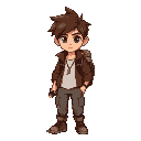 young adventurer pixel art: messy brown hair, dark eyes, confident. brown jacket over white shirt, gray cargo pants, worn boots, gold pendant, backpack, flashlight in right hand.transparent background