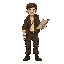 a young male archaeologist adventurer in pixel art style. he wears a brown explorer's jacket, a white shirt, and dark cargo pants. he has a small backpack, a flashlight in one hand, and a map in the o
