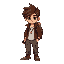 young adventurer pixel art: messy brown hair, dark eyes, confident. brown jacket over white shirt, gray cargo pants, worn boots, gold pendant, backpack, flashlight in right hand