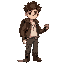 young adventurer pixel art: messy brown hair, dark eyes, confident. brown jacket over white shirt, gray cargo pants, worn boots, gold pendant, backpack, flashlight in right hand.transparent background