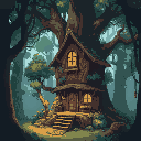 draw me the inside of a small tree house built in a city that has become a forest over time.