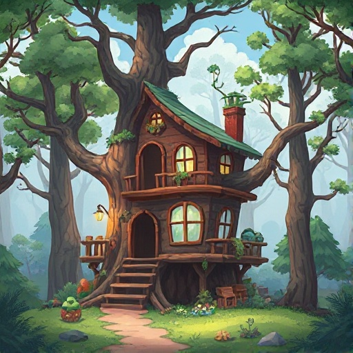 draw the inside of a small tree house built in a city that has become a forest over time.