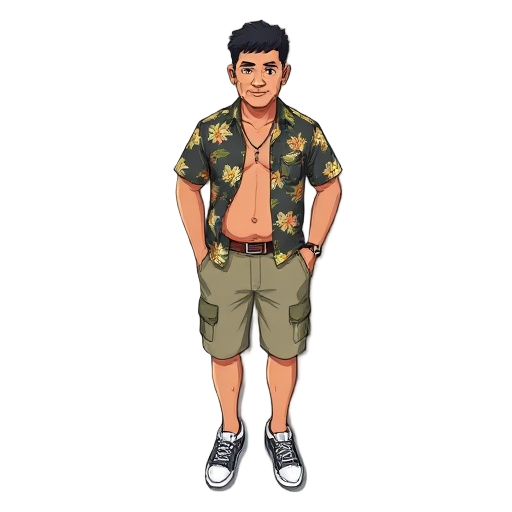character at 36, asian type body, asian skin, belly, weight 70kg, height 170, wear hawaiian shirt with short pant, and sneaker.