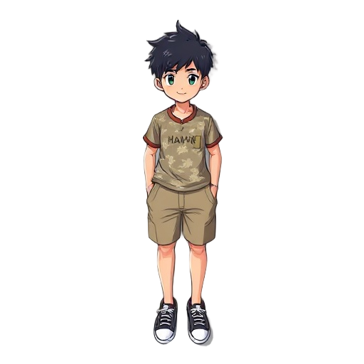 character at 36, asian type body, asian skin, wear haiwai shirt with short pant, and sneaker.