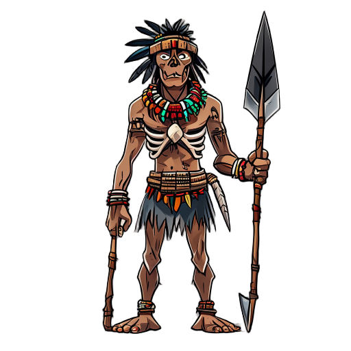 a tribal character with a bone necklace and a spear in the right hand
