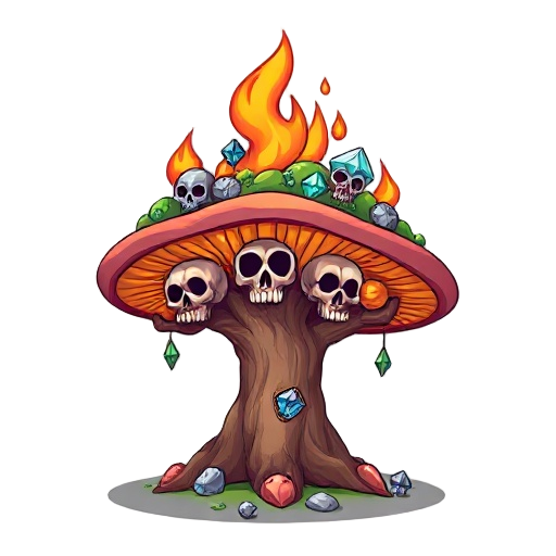 mushroom flaming tree with skulls and diamonds