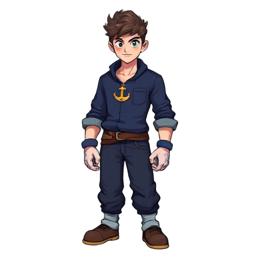 chico común de camisa azul oscuro o navy con un ancla en el pecho y que sea estilo deltarune o mario rpg, el personaje será para un juego de acción rpg
