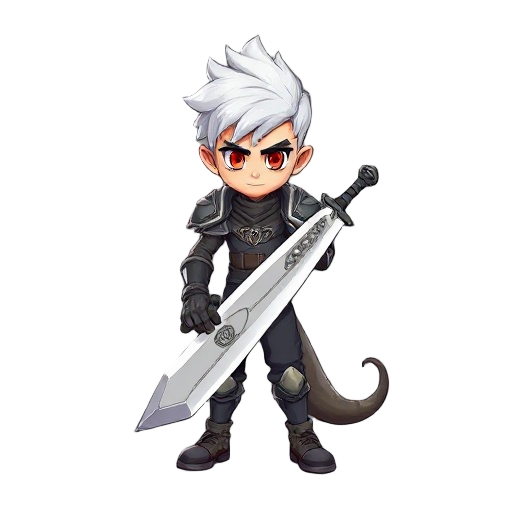 o personagem é um e um jovem de cabelos brancos olhos vermelhos com uma espada gigante nas costas ele tem asas, chifres e cauda de dragão 