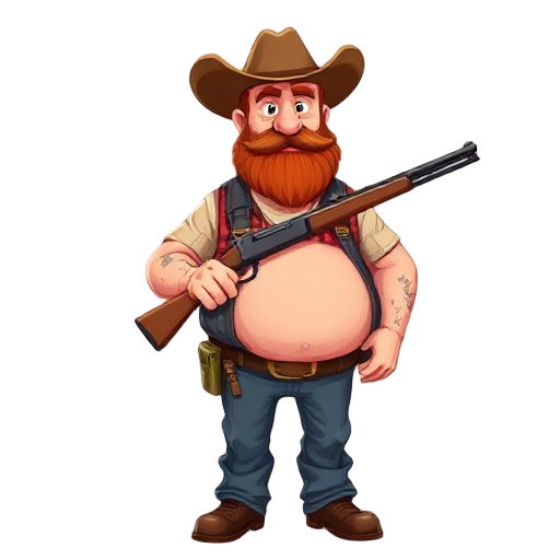 a southern red neck farmer holding a shotgun with big belly