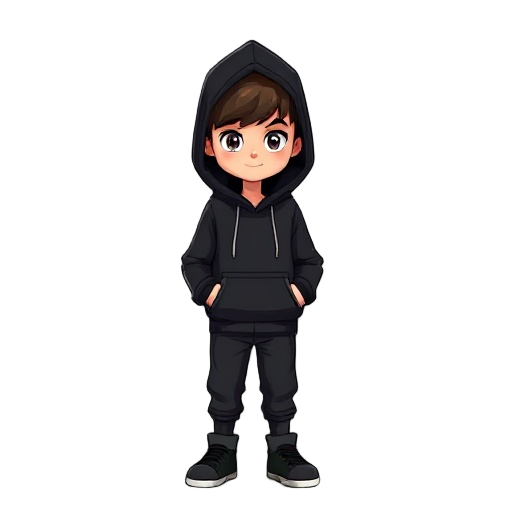 a boy wearing black clothes and a black hoodie with the hood up
