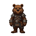 bipedal bear, front view. the character should have brown fur, 18th-century soldier attire, and metal plates.