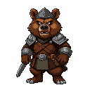 bipedal bear in combat pose. the character must have brown fur, 17th-century soldier's garb, and metal plates, with a furious look.