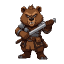 bipedal bear in combat pose. the character must have brown fur, 18th-century soldier's garb, and metal plates, with a furious look.