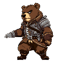 bipedal bear . the character must have brown fur, 17th-century soldier's garb, and metal plates, with a furious look, in combat pose side view
