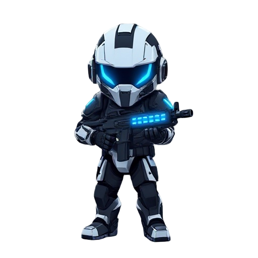 a futuristic soldier with black and white war armor with blue neon glows, he must have the appearance of a tiny, small body and big head, holdinga rifle gun im t pose