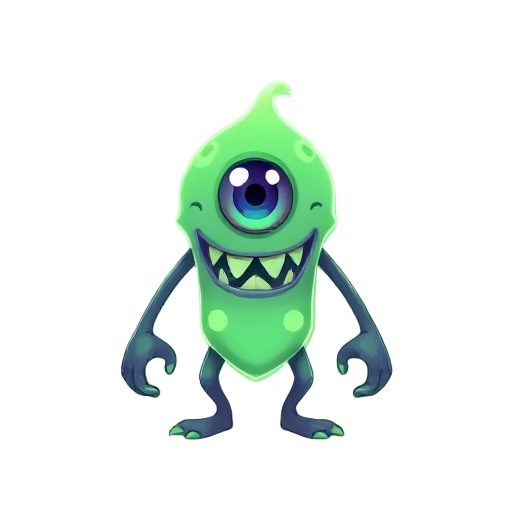 create a tiny style monster, small body and big head, one eye and with a slime appearance, it must have long arms and big hands, one eye in the center and a big mouth with sharp teeth, it must have neon glow on the body in light green color