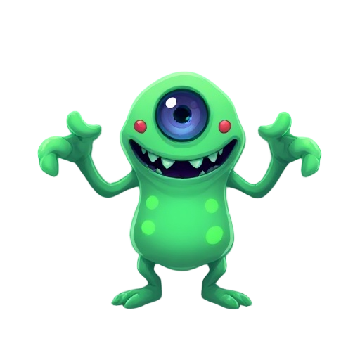 create a tiny style monster, small body and big head, one eye and with a slime appearance, it must have long arms and big hands, one eye in the center and a big mouth with sharp teeth, it must have neon glow on the body in light green color