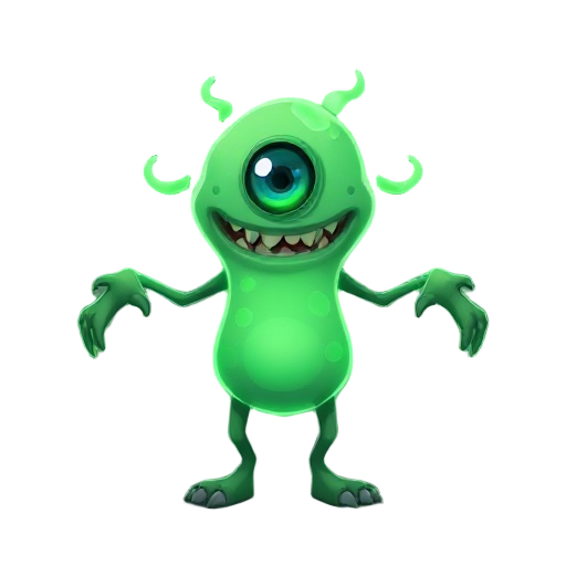 create a tiny style monster, small body and big head, one eye and with a slime appearance, it must have long arms and big hands, one eye in the center and a big mouth with sharp teeth, it must have neon glow on the body in light green color